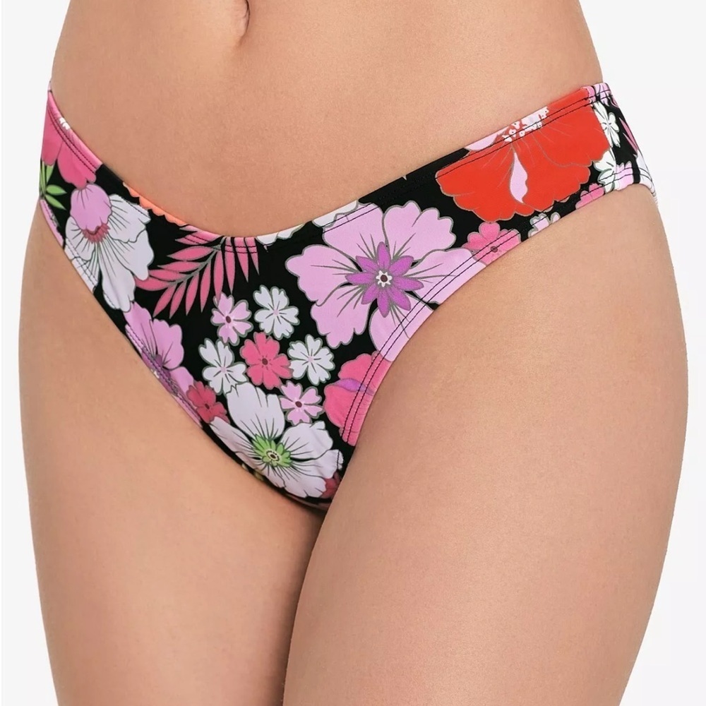 NEW Salt + Cove Juniors Black Pink Multicolor Floral Scoop-Waist Hipster Bikini